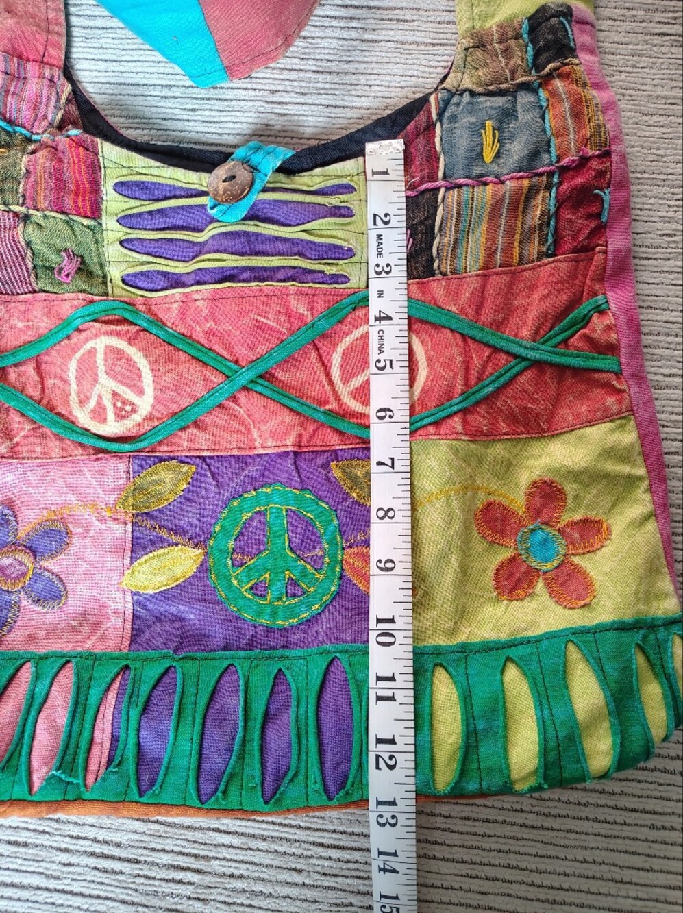 India Boutique Multicolor Patchwork Hobo Bag with Floral & Peace Motifs - Picture 4 of 8
